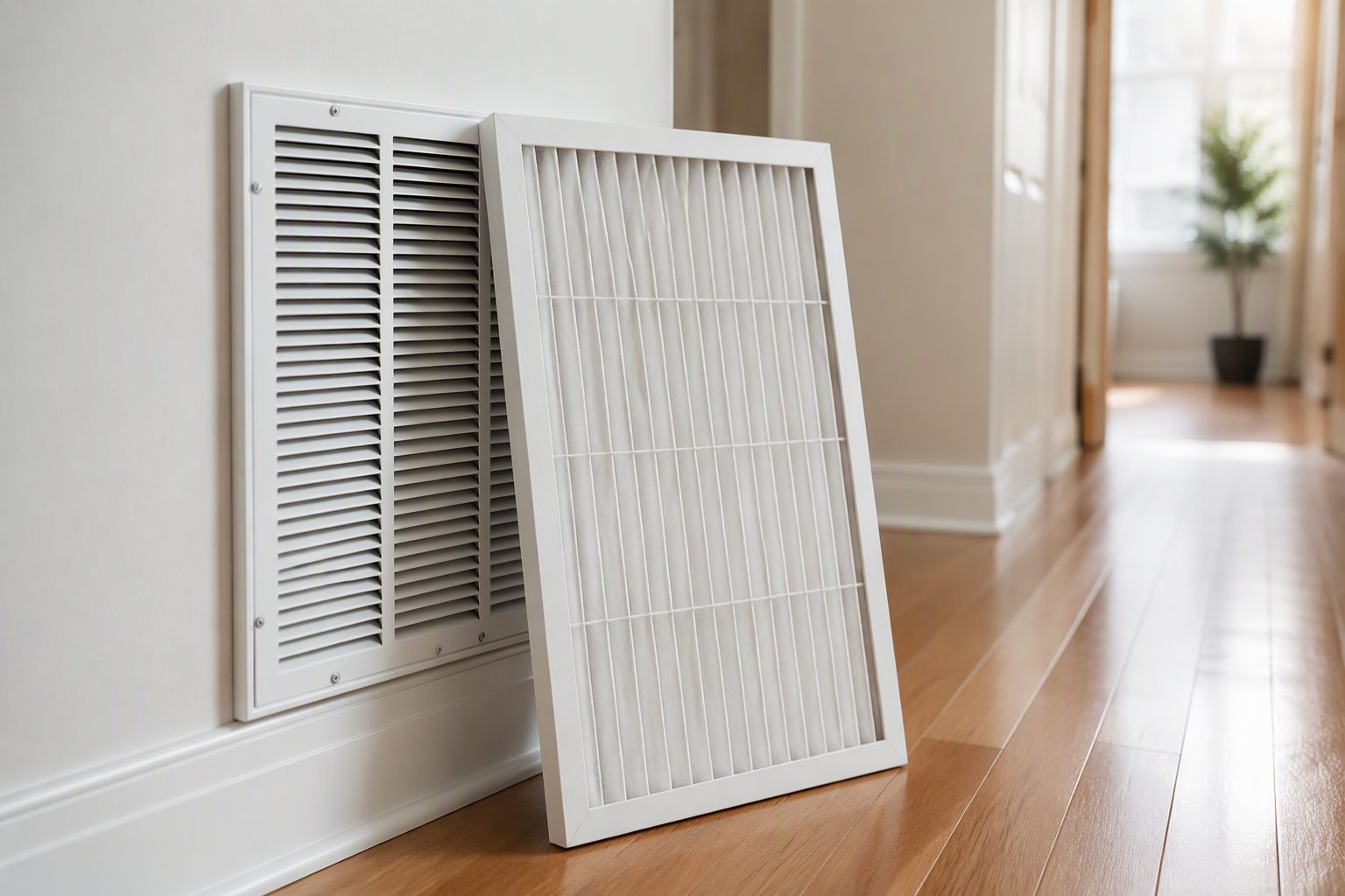 A clean pleated HVAC air filter beside a return-air grille in a bright hallway