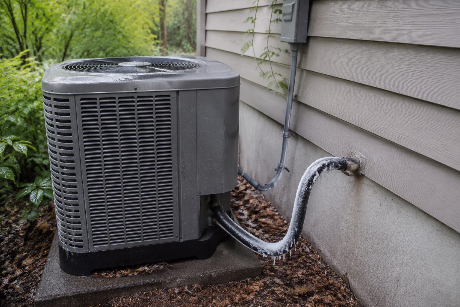 An outdoor central-air condenser with a glaze of ice on the refrigerant line on a humid morning